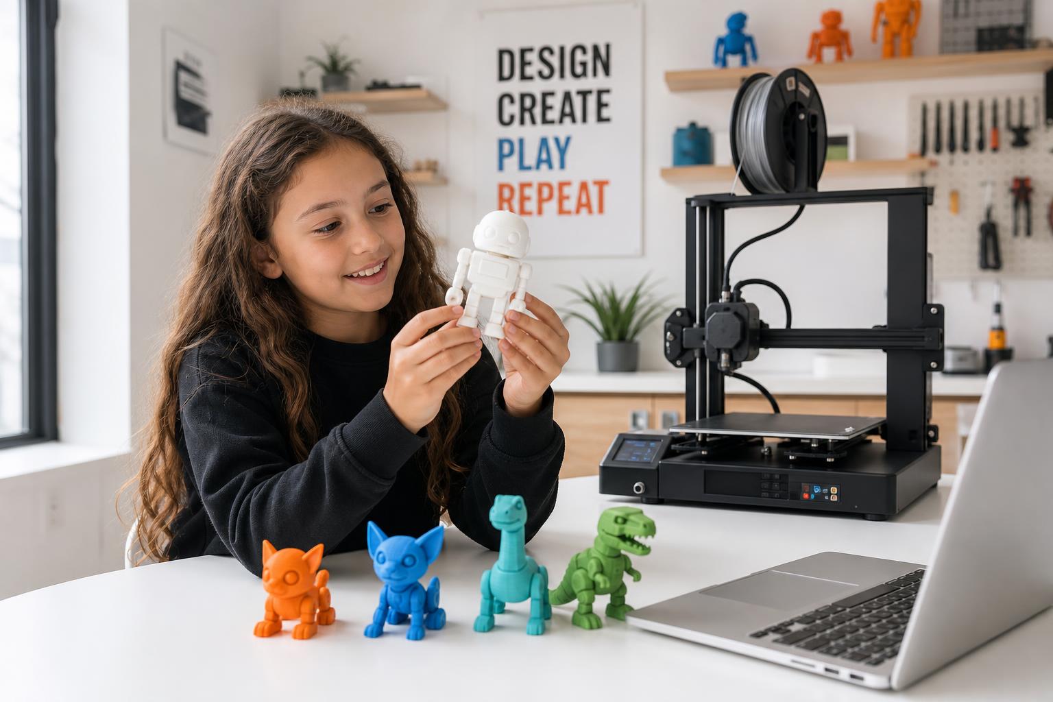 Yaratıcı teknoloji atölyesinde 3D baskı projesini inceleyen çocuk